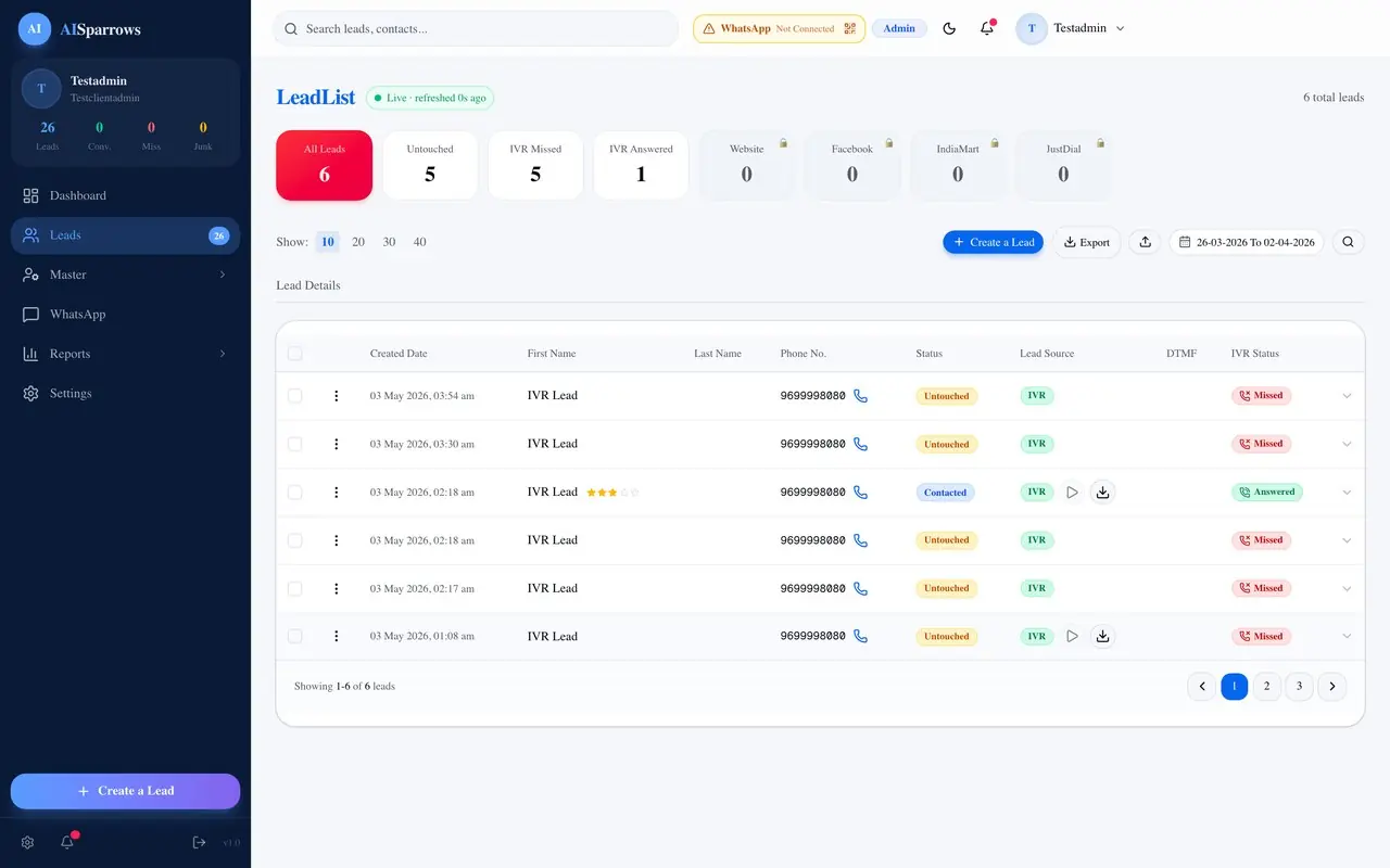 Every enquiry, captured in one inbox — IndiaMart CRM screenshot